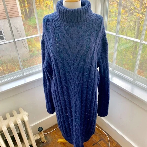 FREE PEOPLE *RARE*midi thick soft alpaca cabled turtleneck sweater dress - Picture 5 of 14